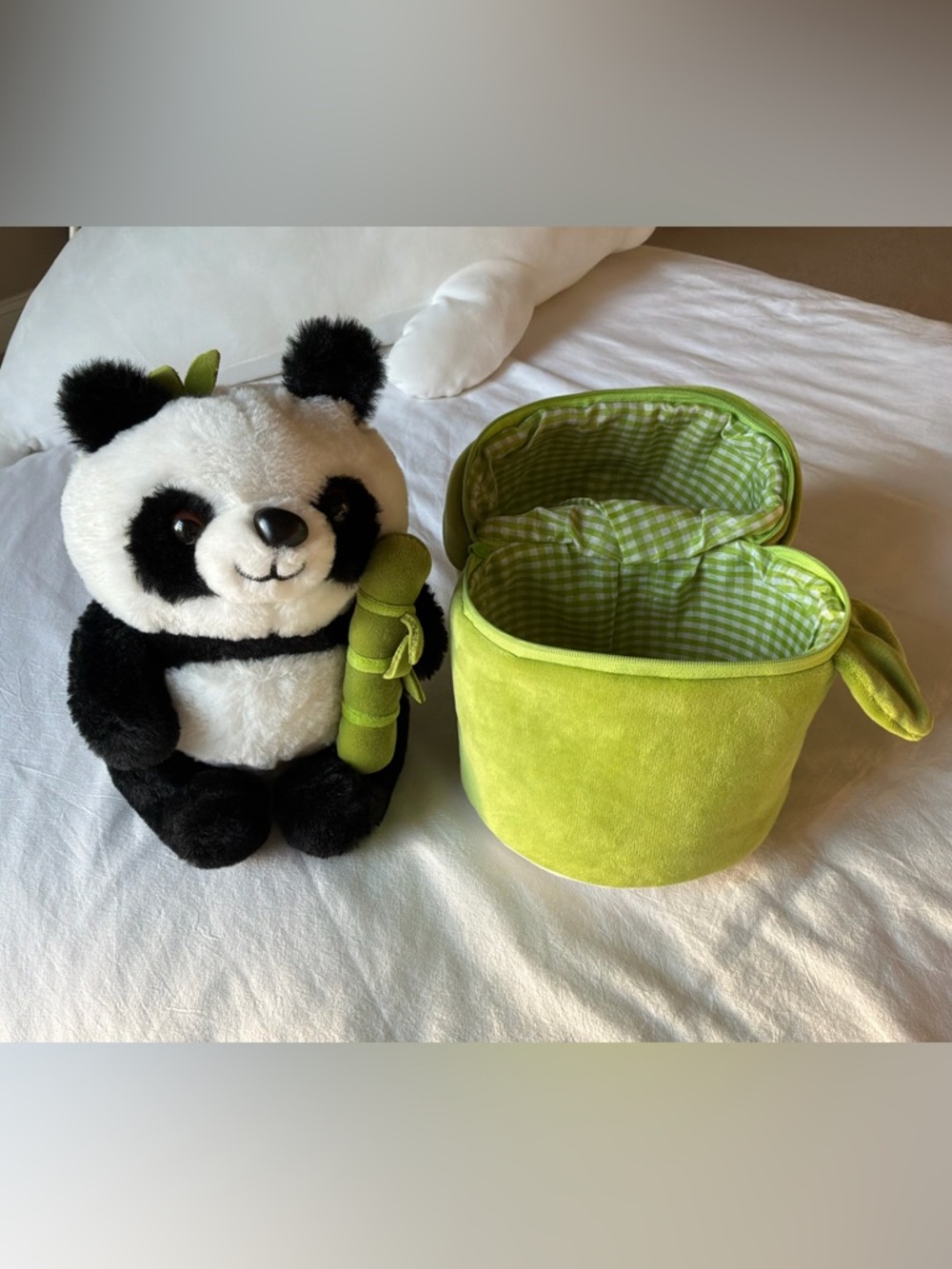 Green Plush Panda Toy with Matching Green Storage Basket